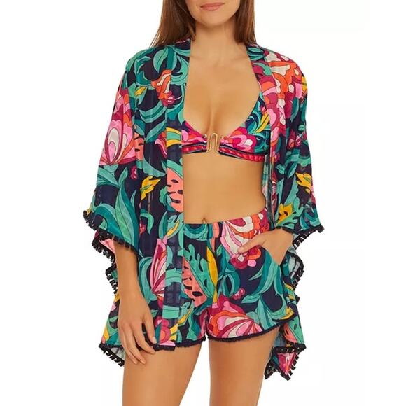 NEW Trina Turk 'India Garden' Fringe-Trim Kimono Swimsuit Coverup- ONE SIZE $152 - Picture 1 of 4